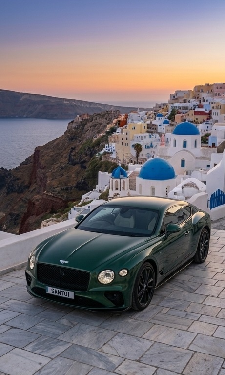 Bentley Continental GT verde em Santorini, Grécia, ao pôr do sol