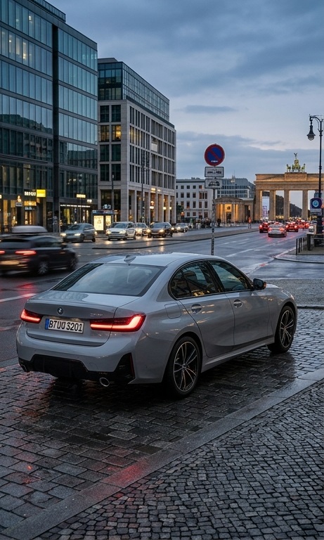 BMW 320i prata visto de trás em rua urbana molhada, com o Portão de Brandemburgo ao fundo