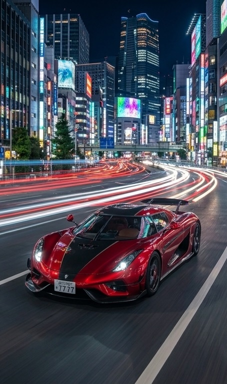 Koenigsegg Jesko vermelha em avenida noturna de Tóquio, com letreiros iluminados