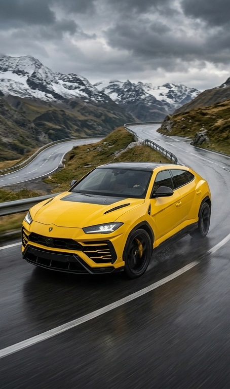 Lamborghini Urus amarela em estrada de montanha sinuosa com picos nevados ao fundo