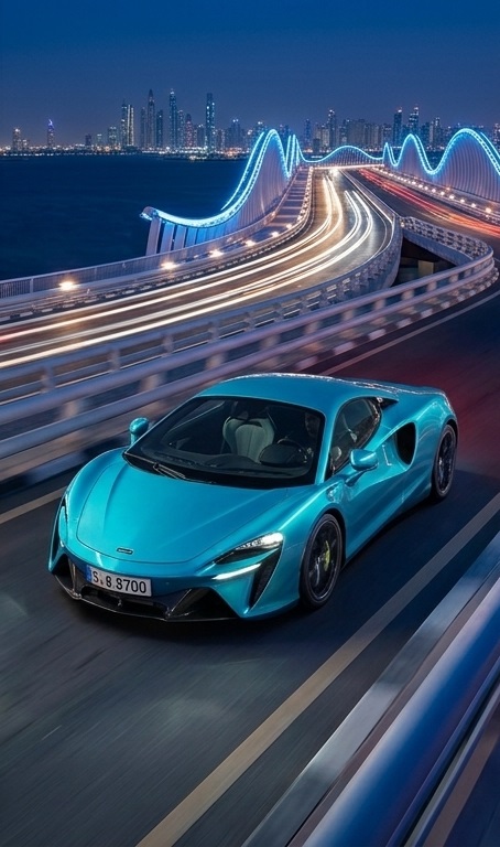 McLaren Artura azul-turquesa em ponte iluminada de Dubai, à noite