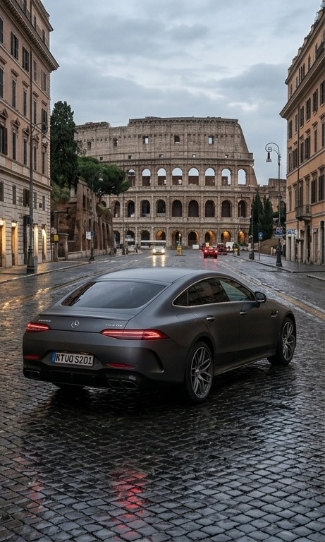 Mercedes-AMG GT 63 cinza visto de trás em rua de paralelepípedos em Roma, com o Coliseu ao fundo