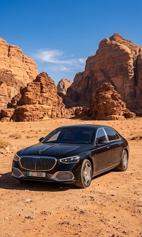 Mercedes-Maybach Classe S preta em vale rochoso de Wadi Rum, Jordânia