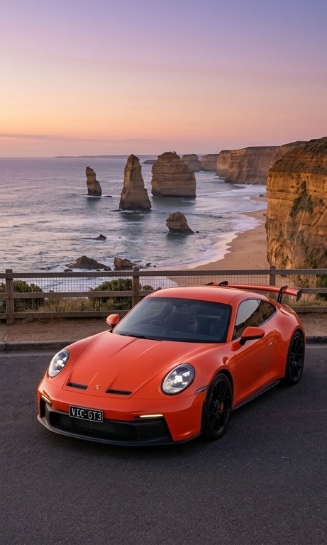 Porsche 911 GT3 laranja em mirante litorâneo, nos Doze Apóstolos, Austrália