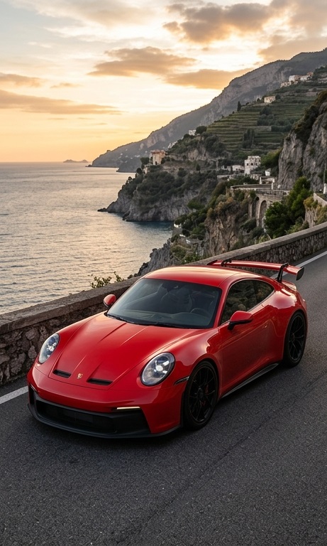 Porsche 911 vermelho em estrada litorânea ao entardecer, na Costa Amalfitana