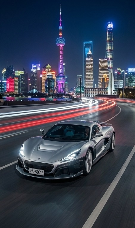 Rimac Nevera prata em avenida noturna de Xangai, com skyline iluminado
