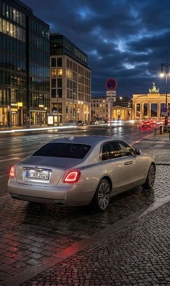 Rolls-Royce Ghost prata visto de trás em rua urbana à noite, com o Portão de Brandemburgo ao fundo