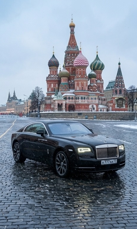 Rolls-Royce Wraith preto na Praça Vermelha de Moscou, com a Catedral de São Basílio ao fundo